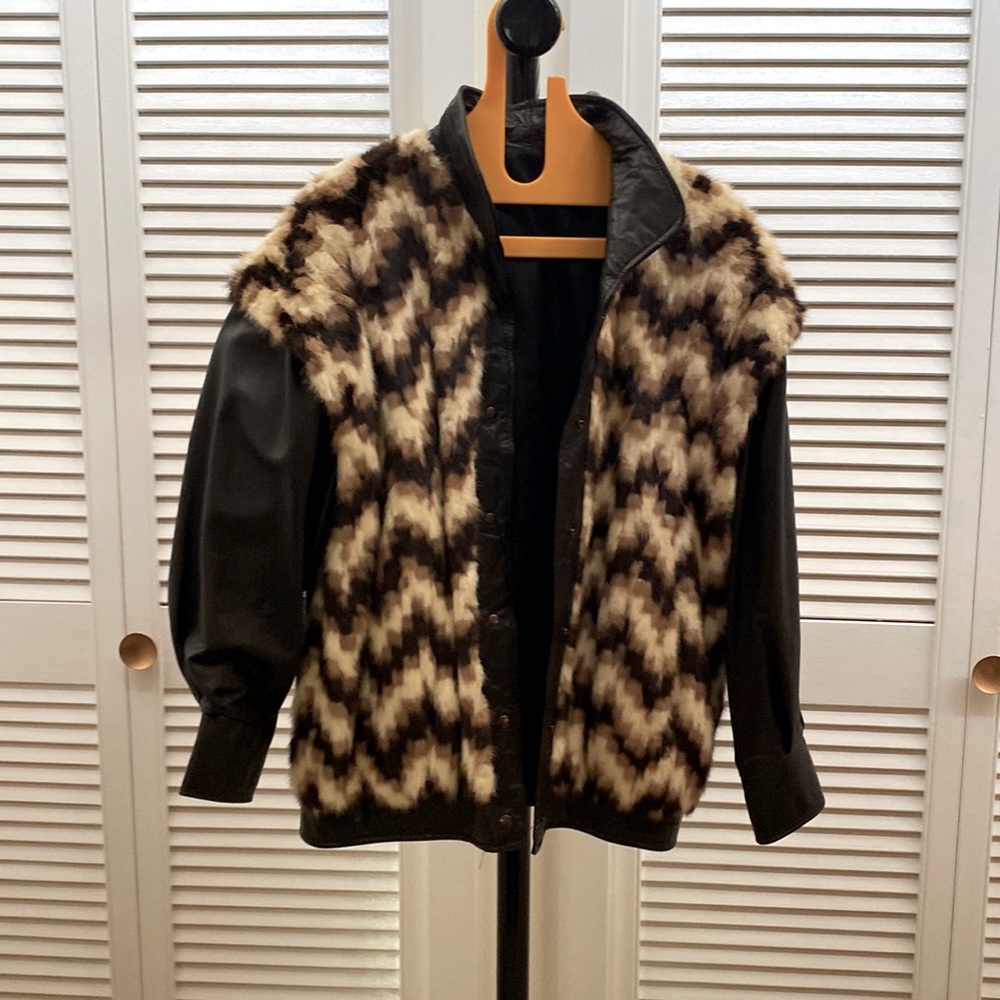 Vintage fur and leather geometric bomber jacket